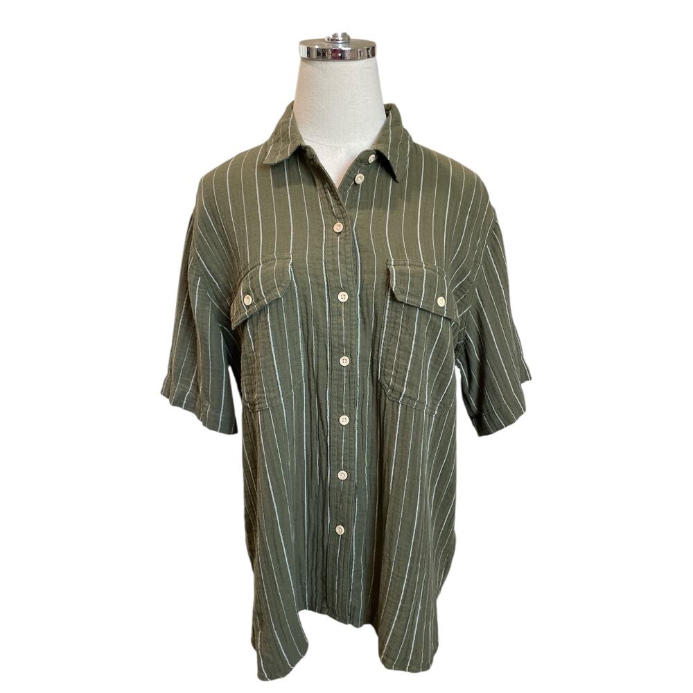 Madewell Lightspun Stripe Button Up Shirt | Coastal Boho Summer Top (M) - Picture 8 of 10